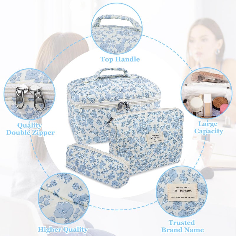 Gosect Makeup Bag, Large Quilted Cosmetic Bag, Big Floral Make Up Bag for Women Girls, Cute Cotton Makeup Bag Set, Flower Travel Toiletry Organizer Bag (Blue Flower) - Image 3