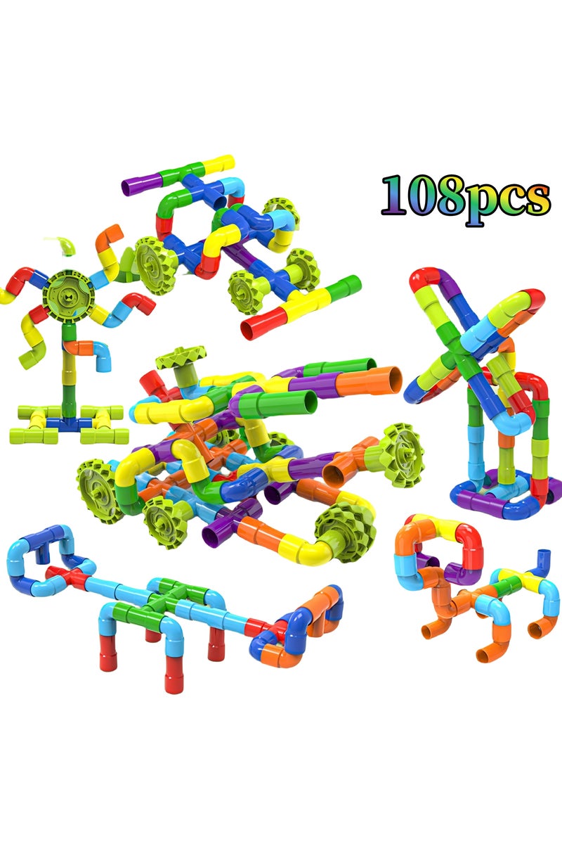108Pcs Classic Building Blocks Assembly of Toys ith 8 vehicles to assemble the car, DIY Water Pipe Building Blocks Toy, Educational Toy Track Building Blocks Set, Gift for Creative Learning Educatio - Image 1