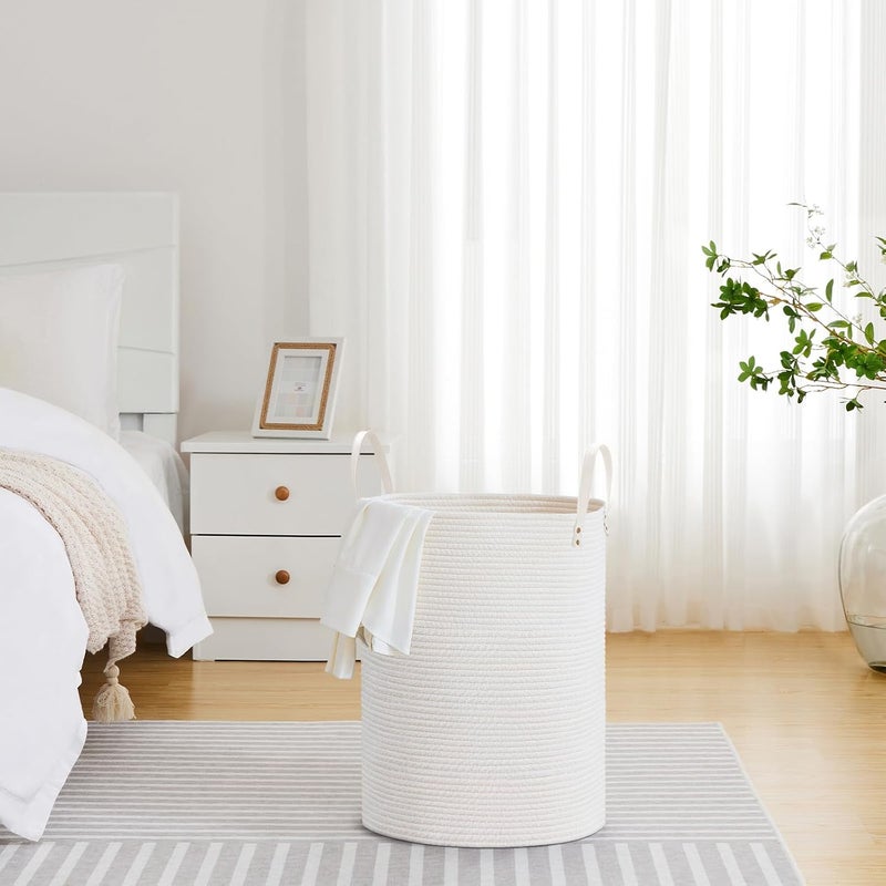 VIPOSCO Tall Laundry Basket, Large Dirty Clothes Hamper with Leather Handle, Woven Rope Storage Basket for Blanket, Toy In Living Room, Bathroom, Bedroom - 58L White - Image 4