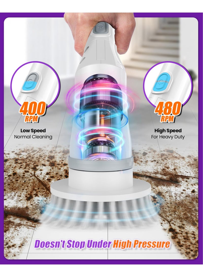 Beauenty Electric Spin Scrubber, Cordless Cleaning Brush IPX7 Waterproof with 6 Replaceable Brush Heads, 2H Power Dual Speed, Shower Scrubber with Extension Handle for Bathroom Tub Tile Floor Car - Image 2