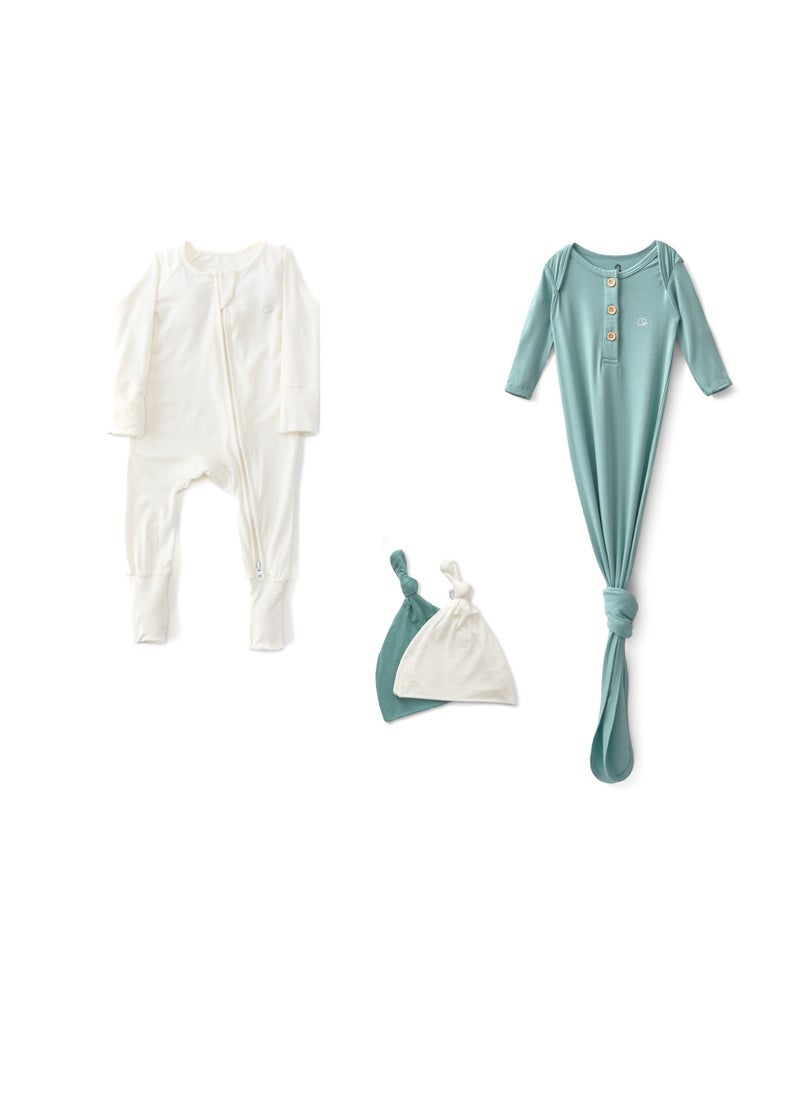 Anvi Baby Zipper Romper & Knotted Gown- White/Sage  - Image 1