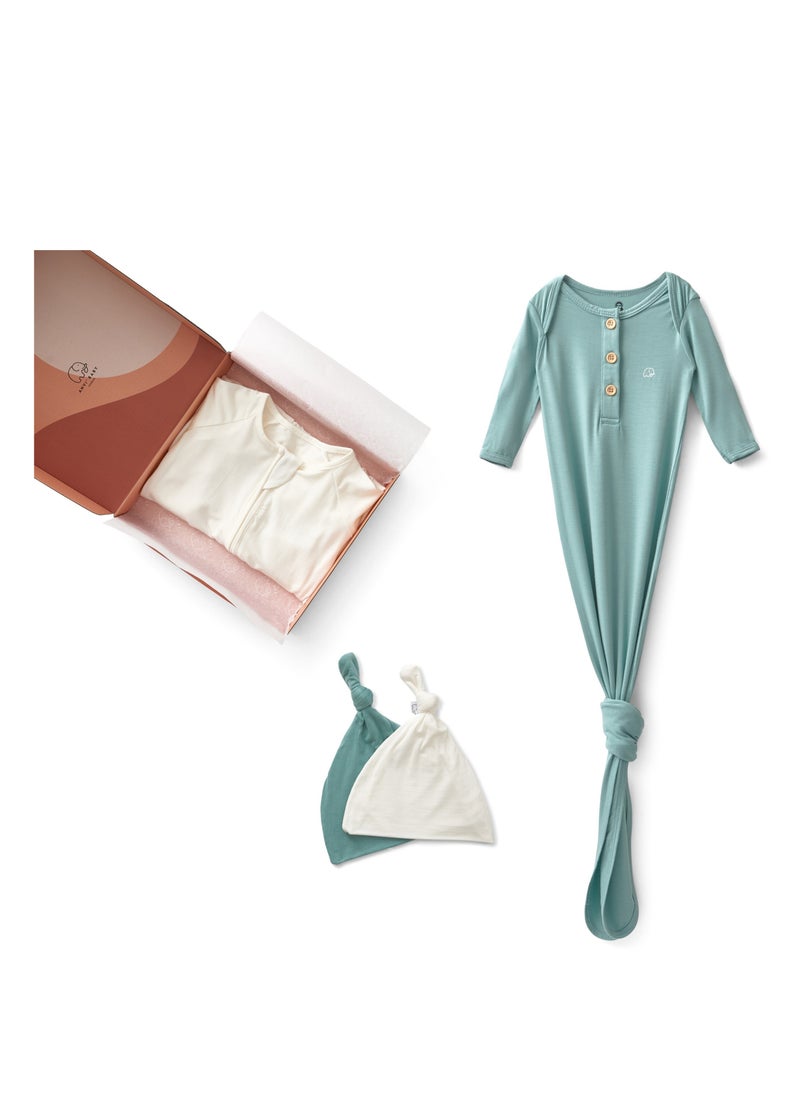 Anvi Baby Zipper Romper & Knotted Gown- White/Sage  - Image 2