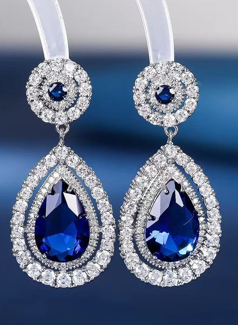 MIMOE Women's Earrings Pendant, Luxurious Shining Precious Blue Stone Earring, Elegant Dangle Statement Ear Studs Jewelry - Image 1