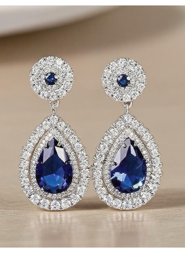 MIMOE Women's Earrings Pendant, Luxurious Shining Precious Blue Stone Earring, Elegant Dangle Statement Ear Studs Jewelry - Image 3