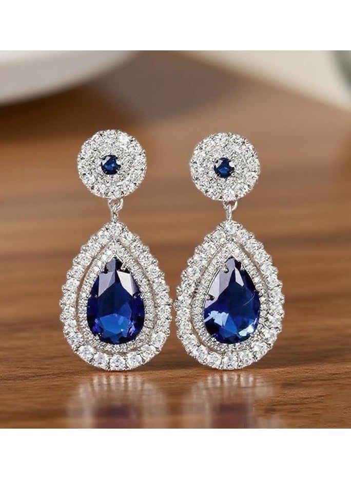 MIMOE Women's Earrings Pendant, Luxurious Shining Precious Blue Stone Earring, Elegant Dangle Statement Ear Studs Jewelry - Image 2