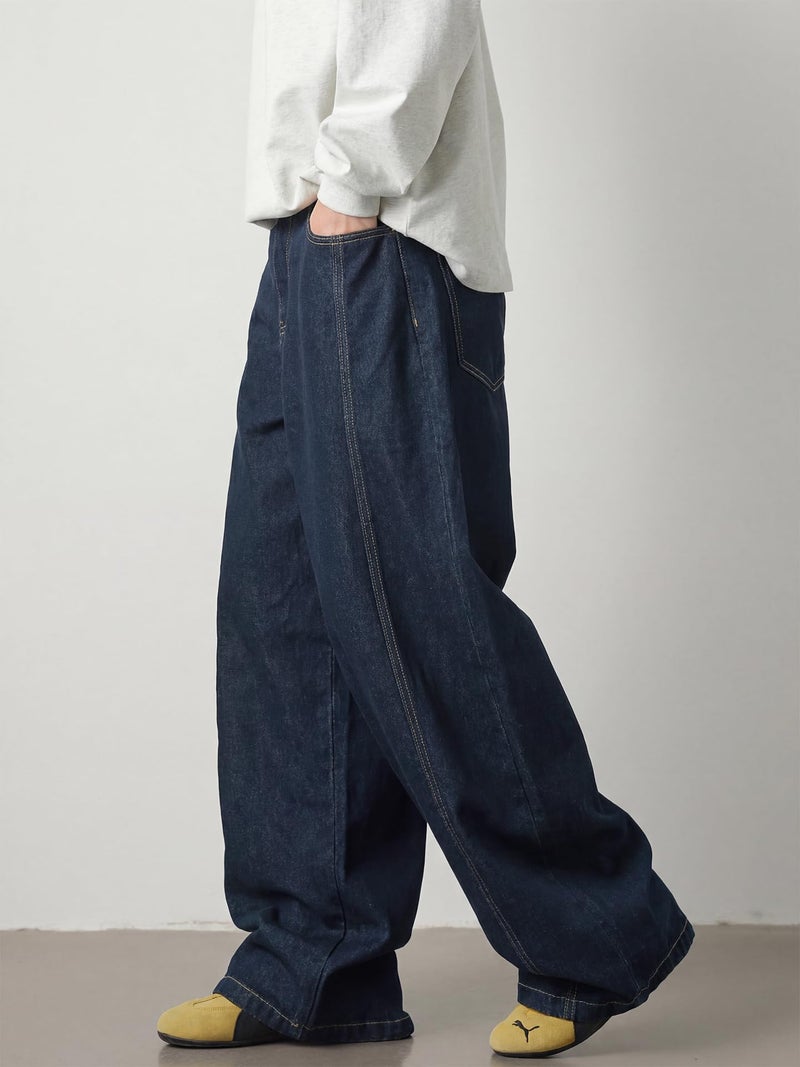 CAONAT Baggy Hip Hop Jeans for Men Wide Leg Skater Denim Pants Casual Loose Fit Long Trousers A-Blue - Image 3