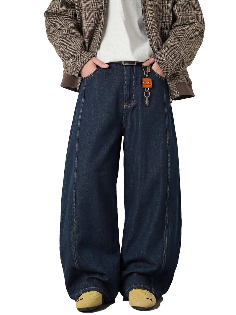 CAONAT Baggy Hip Hop Jeans for Men Wide Leg Skater Denim Pants Casual Loose Fit Long Trousers A-Blue - Image 1