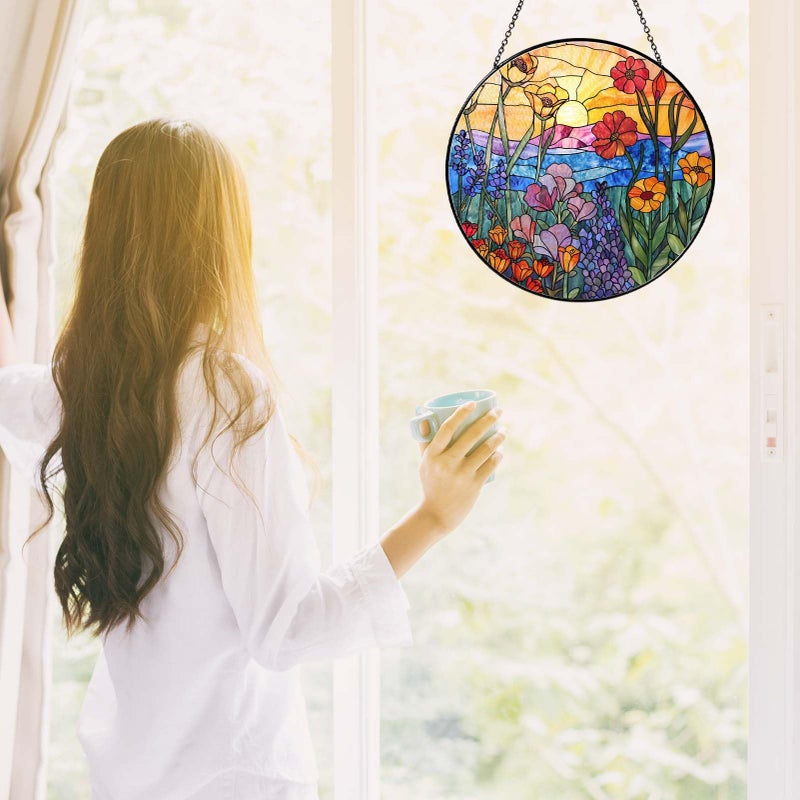 RVEAFA Wildflowers Stained Glass Suncatcher Hanging Window Decor, Colorful Sun Catcher for Indoor Window, Unique Gift for Women Mom Birthday Christmas Home Decoration, 7.87in - Image 3