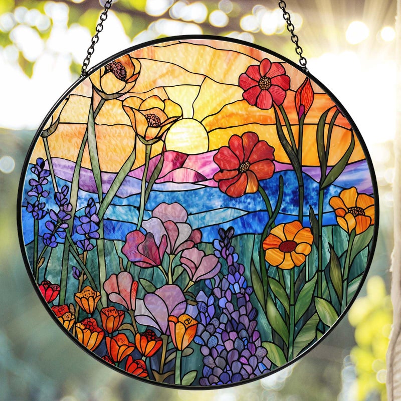 RVEAFA Wildflowers Stained Glass Suncatcher Hanging Window Decor, Colorful Sun Catcher for Indoor Window, Unique Gift for Women Mom Birthday Christmas Home Decoration, 7.87in - Image 1