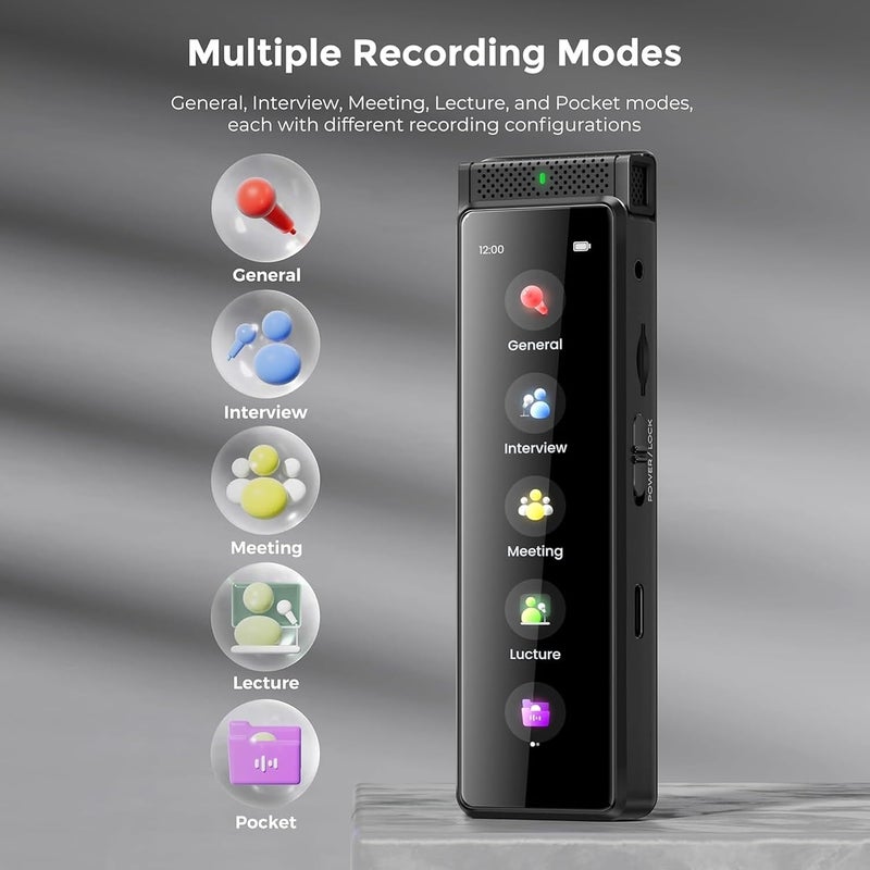 innioasis R1 Digital Voice Recorder with Playback, 136GB Full Touch Screen Voice Recorder with Bluetooth, Voice Activated Sound Audio Recorder Device with Microphone (Black) - Image 2