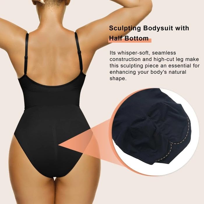 SHAPERX Women's Seamless Shapewear Bodysuit Tummy Control Body Shaper Waist Snatching Body Suit,SZ5213-Black-S/M - Image 2
