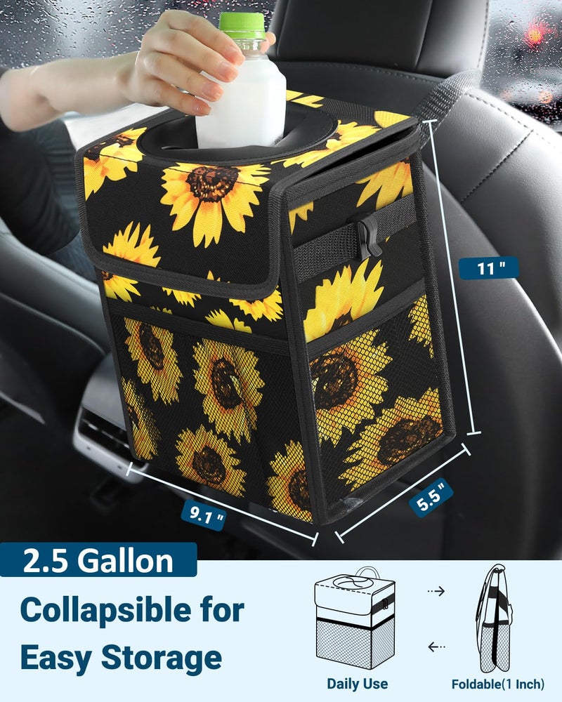 Capolo Car Trash Can with Lid, Leakproof Car Trash Bag Hanging Waterproof Automotive Garbage Can with Storage Pockets Mini Vehicle Trash Bin for Back/Front Seat(Sunflower,2.5 Gallon) - Image 2