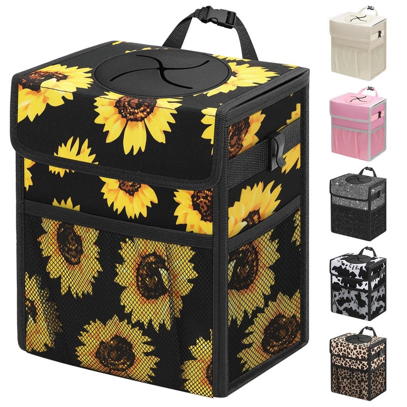 Capolo Car Trash Can with Lid, Leakproof Car Trash Bag Hanging Waterproof Automotive Garbage Can with Storage Pockets Mini Vehicle Trash Bin for Back/Front Seat(Sunflower,2.5 Gallon) - Image 1