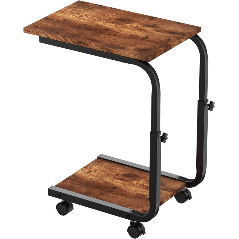 SIMPDIY Side Table Height Adjustable EndBedside Table with 4 Wheels for Sofa Bedroom Living Room Office Coffee Tables for Small Spaces Stable Heavy Duty Iron Rustic Brown