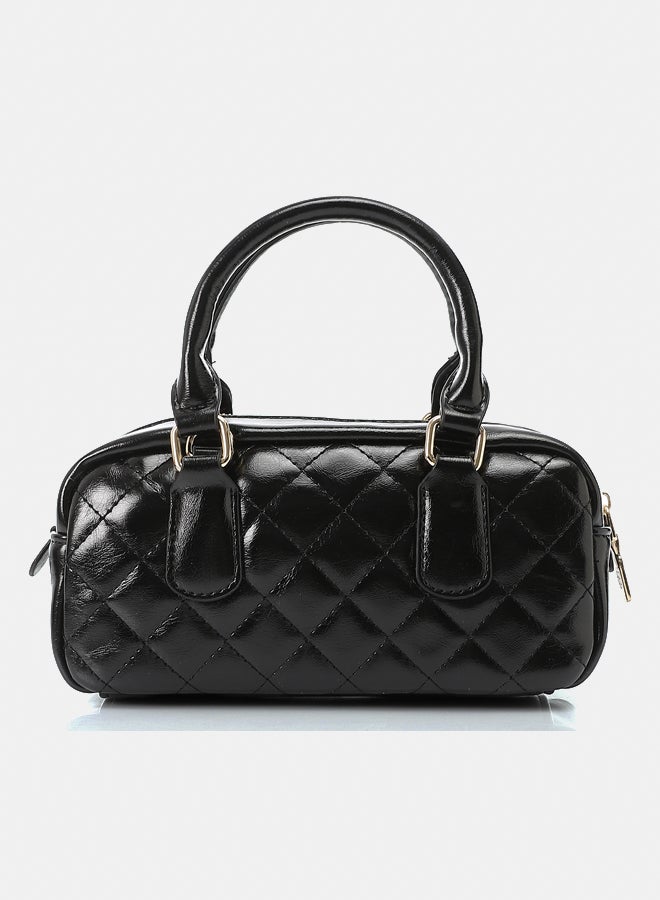DejaVu Quilted Bowler Shinny Zipper Closure Handbag - Black - Image 3