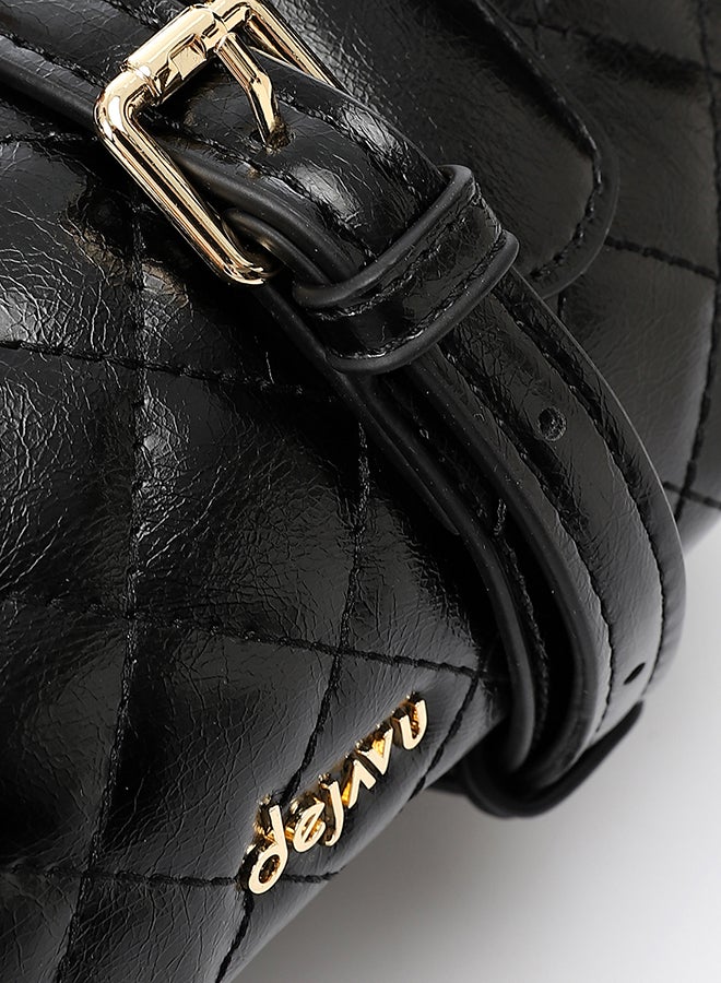 DejaVu Quilted Bowler Shinny Zipper Closure Handbag - Black - Image 4