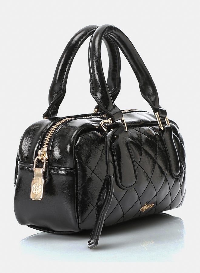 DejaVu Quilted Bowler Shinny Zipper Closure Handbag - Black - Image 2