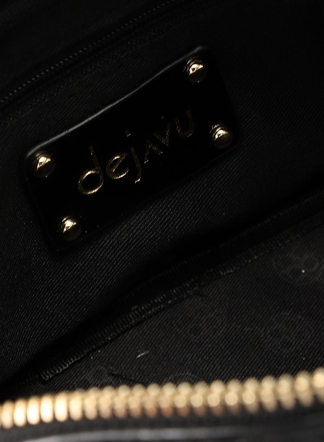 DejaVu Quilted Bowler Shinny Zipper Closure Handbag - Black - Image 5