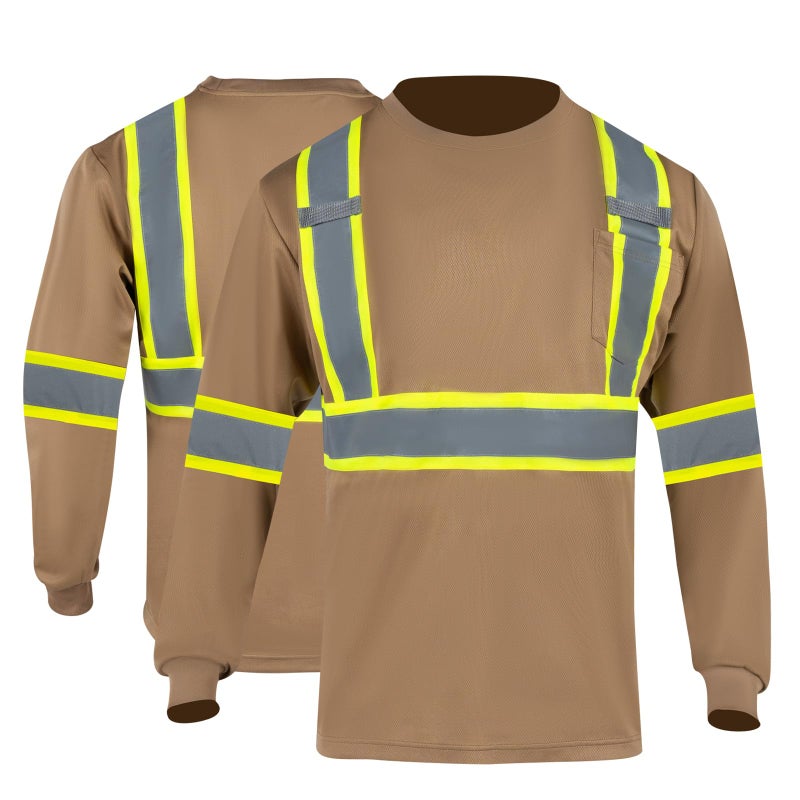 FONIRRA Long Sleeve Safety T Shirt Reflective High Visibility Construction Work Shirts ANSI Class 3 for Men(Khaki,XL) - Image 1