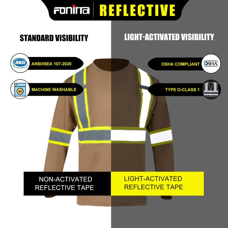 FONIRRA Long Sleeve Safety T Shirt Reflective High Visibility Construction Work Shirts ANSI Class 3 for Men(Khaki,XL) - Image 5