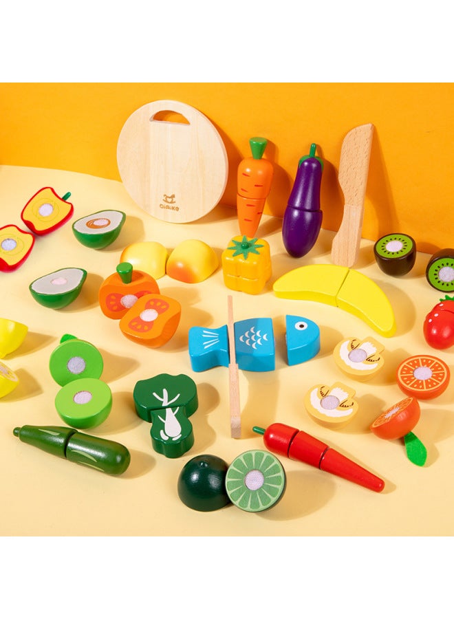 Wooden Children's Educational Fruit And Vegetable Cutting Music Magnetic Velcro Solid Wood Cutting Simulation Play-house Toys-Color:9-piece Color Boxed Fruits And Vegetables 0.5kg - Image 2
