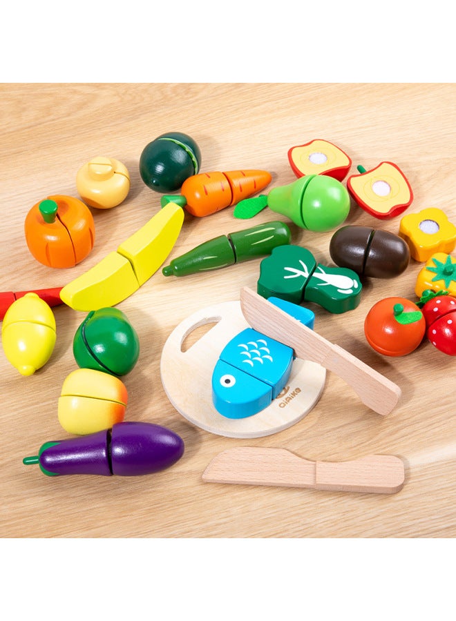 Wooden Children's Educational Fruit And Vegetable Cutting Music Magnetic Velcro Solid Wood Cutting Simulation Play-house Toys-Color:9-piece Color Boxed Fruits And Vegetables 0.5kg - Image 3