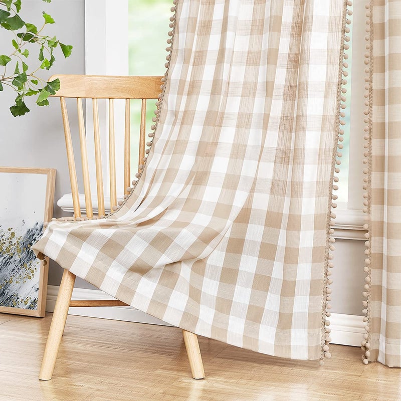 Treatmentex Pompom Buffalo Check Curtains Taupe and White Plaid Window Treatment Set 95 inch Rustic Farmhouse Curtain Drapes for Living Room Bedroom Kids Dorm 2pcs Rod Pocket - Image 1