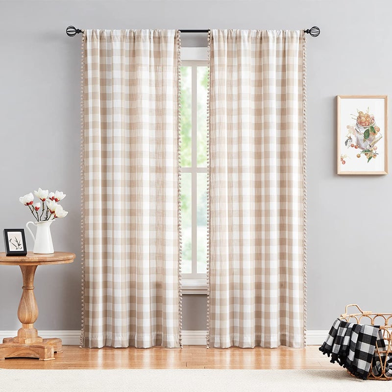 Treatmentex Pompom Buffalo Check Curtains Taupe and White Plaid Window Treatment Set 95 inch Rustic Farmhouse Curtain Drapes for Living Room Bedroom Kids Dorm 2pcs Rod Pocket - Image 2