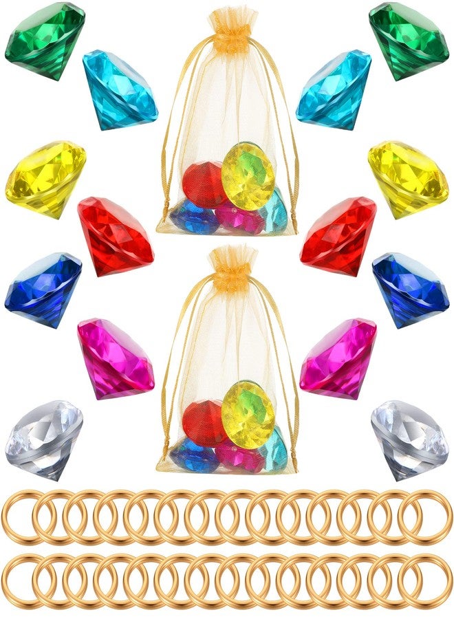 Chalyna 60 Pcs Acrylic Diamond Gem Jewelry Alloy Gold Round Ring Set Hedgehog Chaos Emerald Power Halloween Party Favor Pirate Treasure Hunting Cake Decor with Gift Bag for Birthday (Fresh Style) - Image 1
