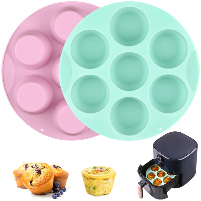 Sakolla 2 Pack Silicone Egg Bite Molds for Air Fryer, Nonstick 7 Cups Air Fryer Muffin Pan for Baking Egg Bite, Mini Muffins, Tart, Mini Cupcake and Quiche (Pink + Green) - Image 1