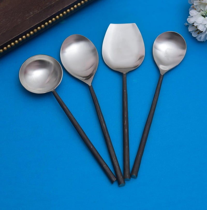 OGGN Steel Cooking Spoon for Dining Kitchen Spoons Karchi Ladle Spoon Set of 4 for Home Kitchen Restaurant Cutlery Set Round Handle Silver Black - Image 2