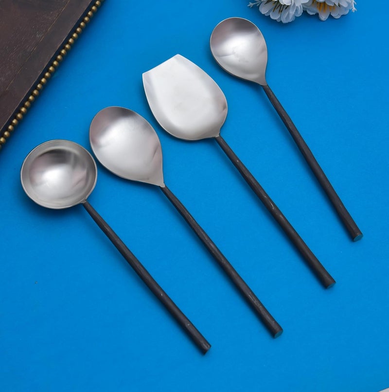 OGGN Steel Cooking Spoon for Dining Kitchen Spoons Karchi Ladle Spoon Set of 4 for Home Kitchen Restaurant Cutlery Set Round Handle Silver Black - Image 1