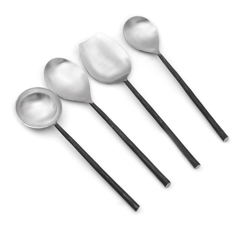 OGGN Steel Cooking Spoon for Dining Kitchen Spoons Karchi Ladle Spoon Set of 4 for Home Kitchen Restaurant Cutlery Set Round Handle Silver Black - Image 3