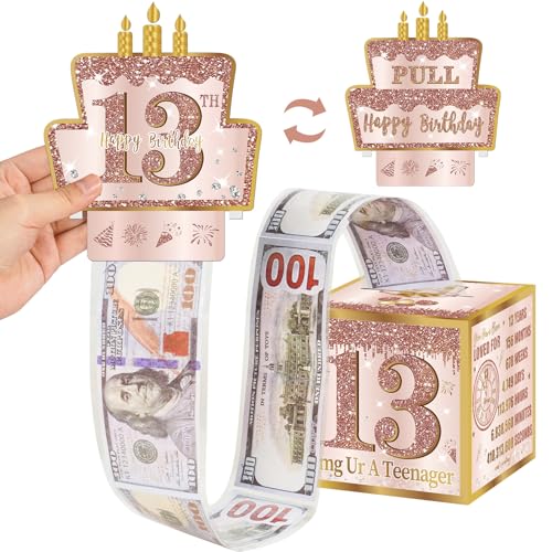 Turypaty 13th Birthday PullOut Money Gift Box for Girls Pink Rose Gold Happy Sweet 13th Birthday Party Cash Gift Box with PullOut Card A Fun and Loving Way to Offer Cash Gift - Image 1