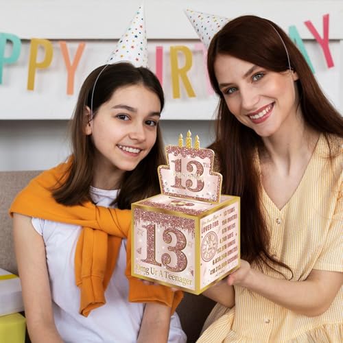 Turypaty 13th Birthday PullOut Money Gift Box for Girls Pink Rose Gold Happy Sweet 13th Birthday Party Cash Gift Box with PullOut Card A Fun and Loving Way to Offer Cash Gift - Image 3