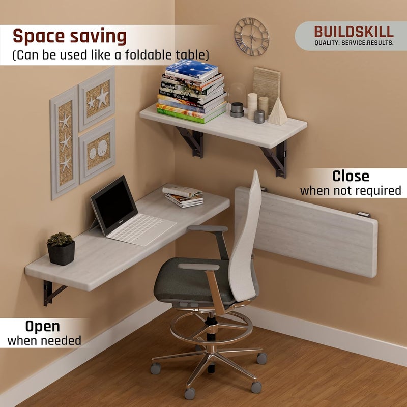 BUILDSKILL 16" Folding Shelf Bracket, 1.2mm Heavy-Duty Folding Table Bracket, Corrosion Resistant & Space-Saving Design, Brackets for Wall Shelves & Workstations, Home & Office Use (DAGrey) (Set of 2) - Image 5