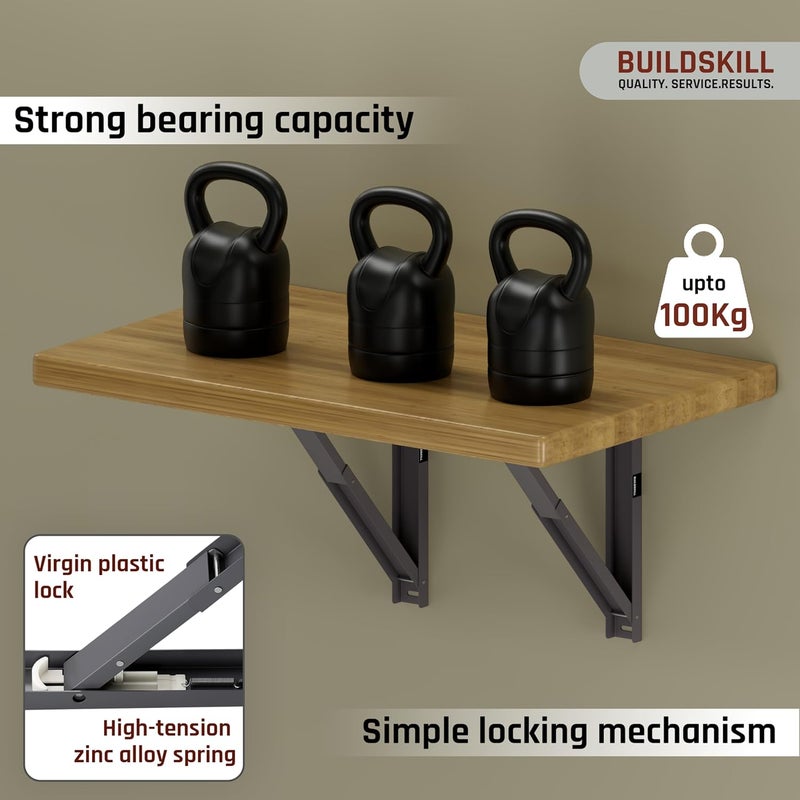BUILDSKILL 16" Folding Shelf Bracket, 1.2mm Heavy-Duty Folding Table Bracket, Corrosion Resistant & Space-Saving Design, Brackets for Wall Shelves & Workstations, Home & Office Use (DAGrey) (Set of 2) - Image 4