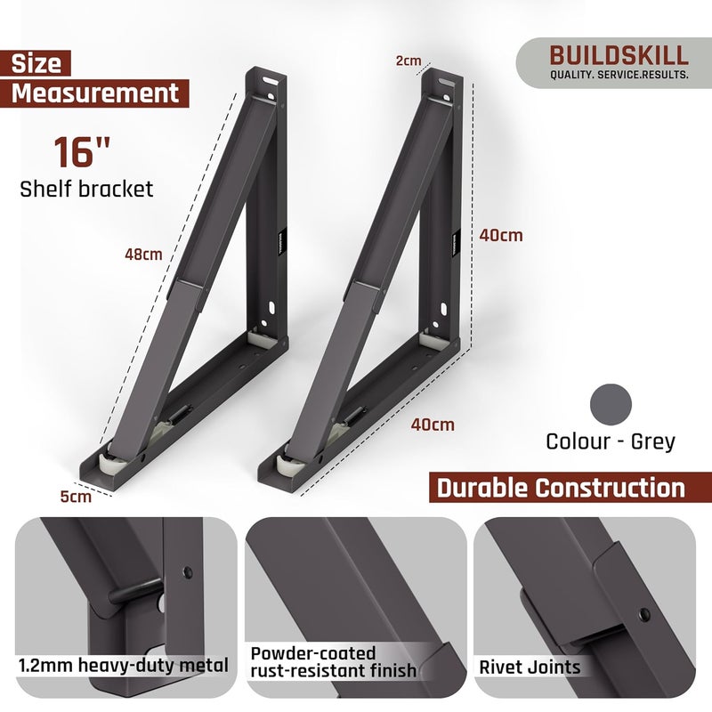 BUILDSKILL 16" Folding Shelf Bracket, 1.2mm Heavy-Duty Folding Table Bracket, Corrosion Resistant & Space-Saving Design, Brackets for Wall Shelves & Workstations, Home & Office Use (DAGrey) (Set of 2) - Image 3