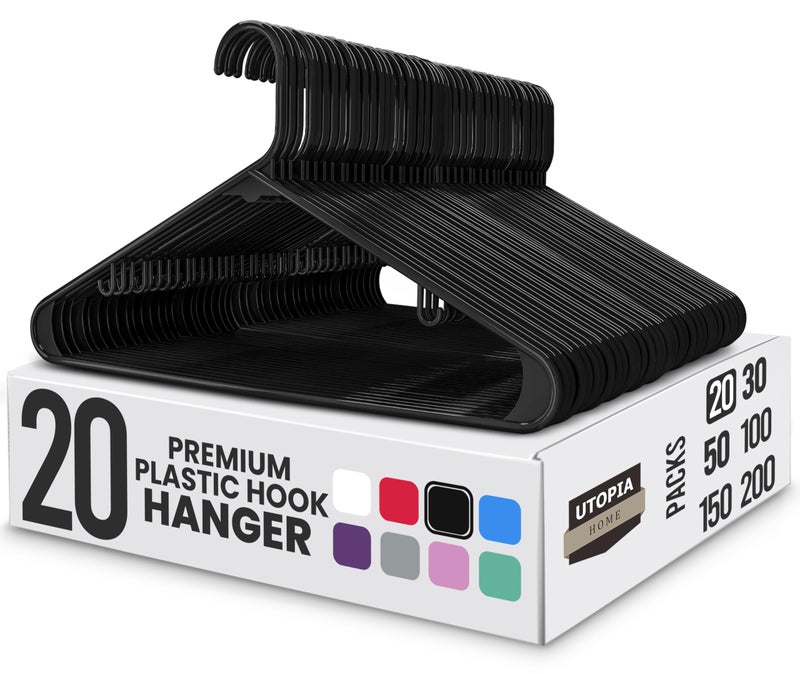 Utopia Home Plastic Hangers 20 Pack - Space Saving Clothes Hanger - Durable & Strong Closet Organizers and Storage with Built-in Strap Hooks - Essential for Shirts, Pants, Skirts & Coats (Black) - Image 1