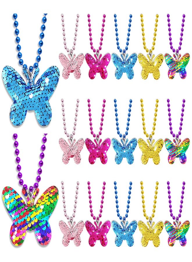 CiciBear 15 Pack Double-Deck Butterfly Sequin Necklace Party Favors with Mardi Gras Beads for Butterfly Theme Party Decor,Girls Birthday Baby Shower Wedding Return Gifts, 5 Colors - Image 2