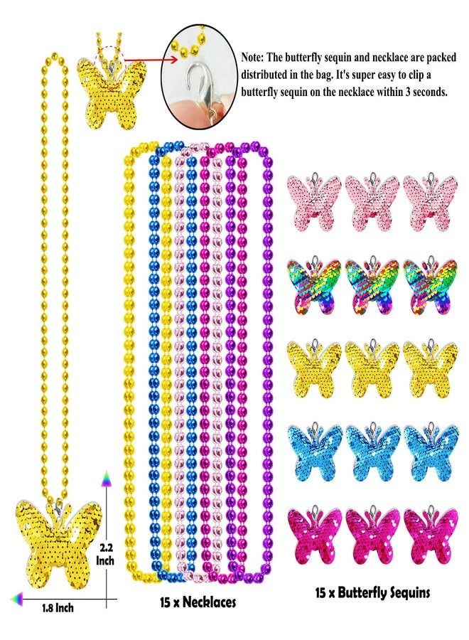 CiciBear 15 Pack Double-Deck Butterfly Sequin Necklace Party Favors with Mardi Gras Beads for Butterfly Theme Party Decor,Girls Birthday Baby Shower Wedding Return Gifts, 5 Colors - Image 4