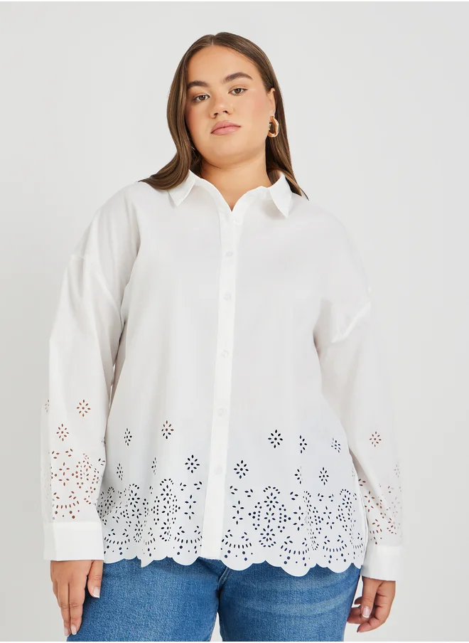 ستايلي Styli Plus Size Scalloped Hem Spread Collar Shirt