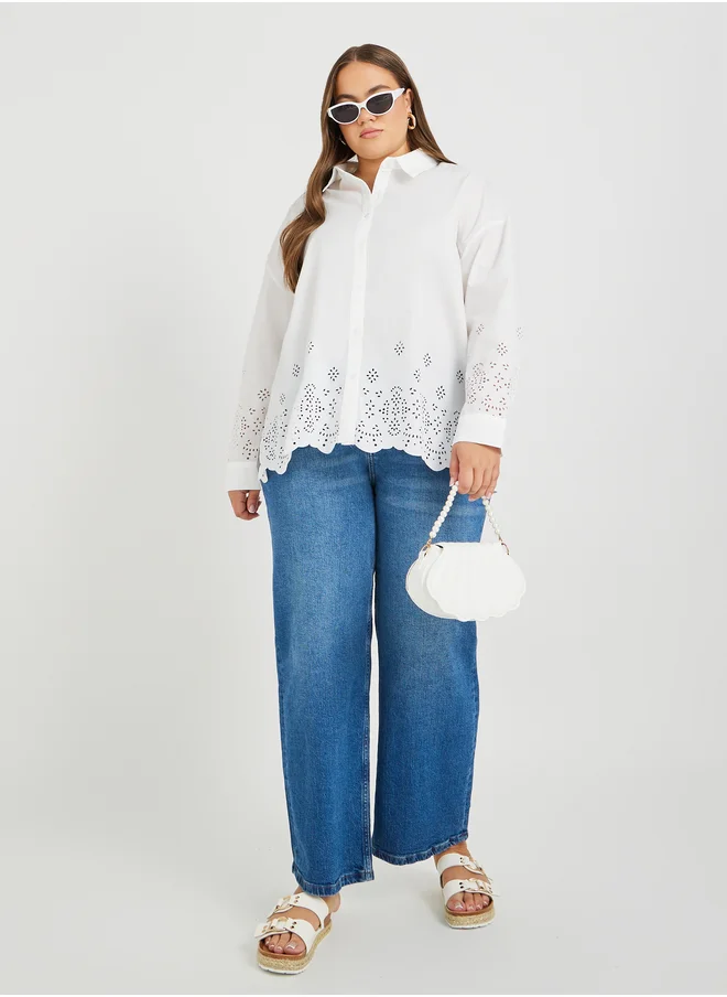 ستايلي Styli Plus Size Scalloped Hem Spread Collar Shirt