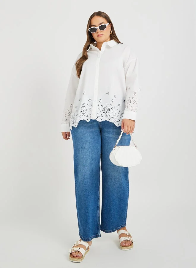 Styli Plus Size Scalloped Hem Spread Collar Shirt