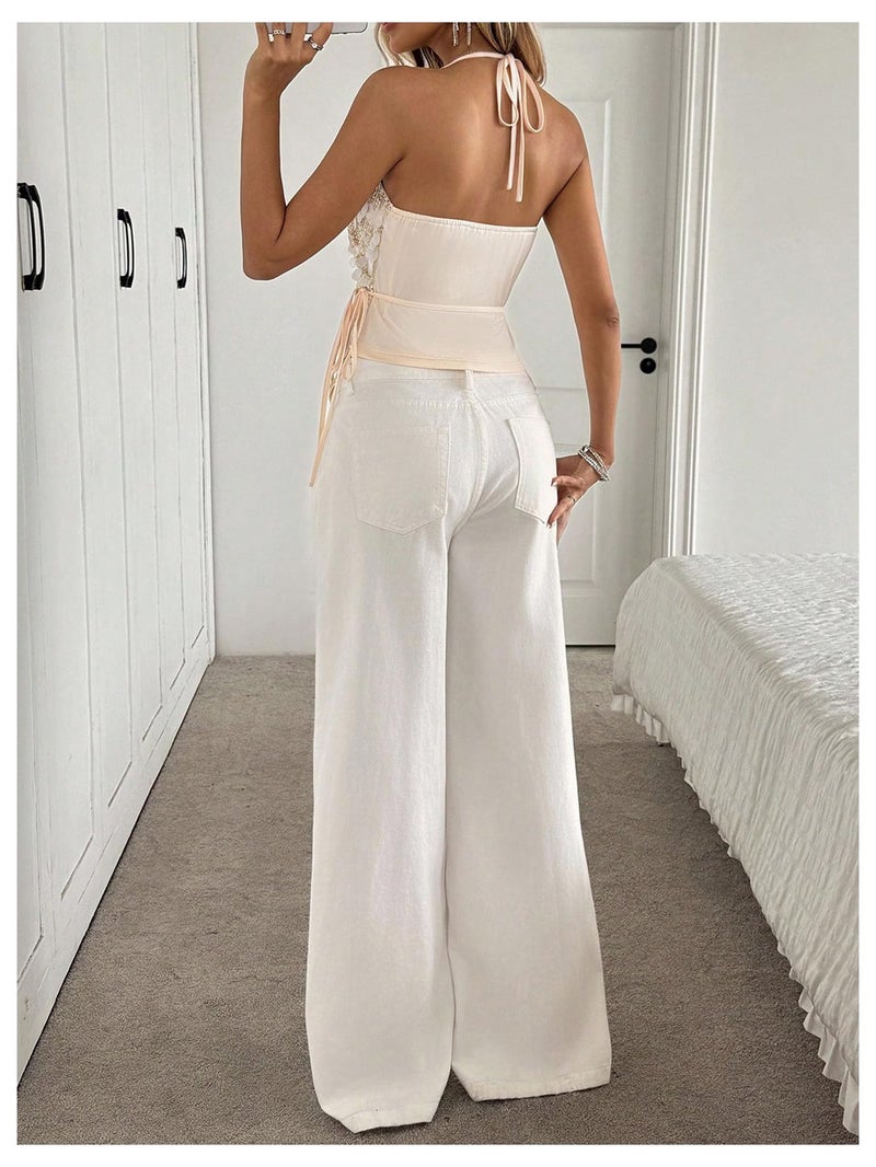 OYOANGLE Women's Sequin Sparkly Sleeveless Halter Top Wrap V Neck Side Tie Asymmetrical Party Tank Tops Apricot Large - Image 3