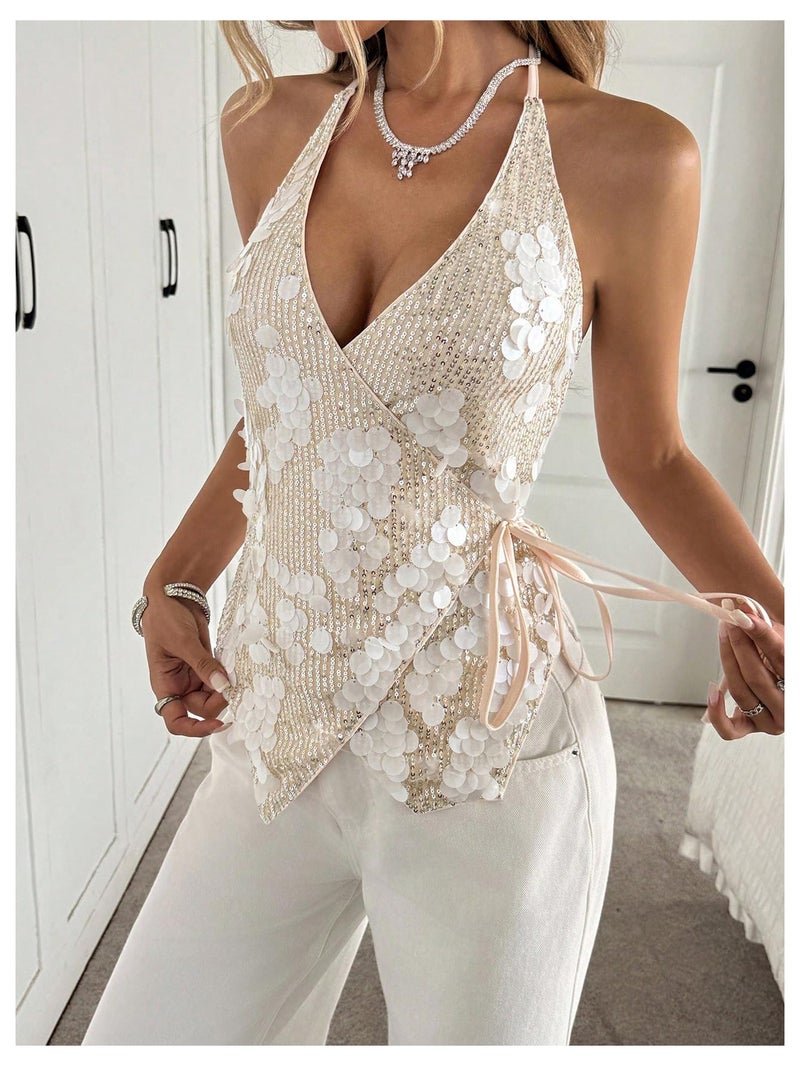OYOANGLE Women's Sequin Sparkly Sleeveless Halter Top Wrap V Neck Side Tie Asymmetrical Party Tank Tops Apricot Large - Image 2