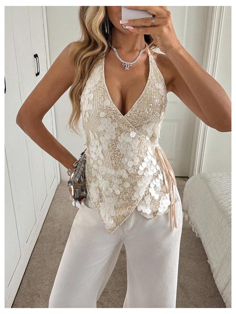 OYOANGLE Women's Sequin Sparkly Sleeveless Halter Top Wrap V Neck Side Tie Asymmetrical Party Tank Tops Apricot Large - Image 5