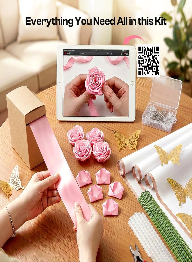 Caydo Pink Ribbon Rose Bouquet for 2026 Graduation Gifts, 91PCS Ribbon Flower Making Kit with Floral Stem Wire, Wrapping Paper, Glue Stick, 3D Butterfly & Diamond Pins - Image 4