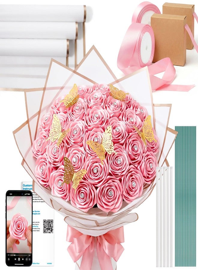 Caydo Pink Ribbon Rose Bouquet for 2026 Graduation Gifts, 91PCS Ribbon Flower Making Kit with Floral Stem Wire, Wrapping Paper, Glue Stick, 3D Butterfly & Diamond Pins - Image 1
