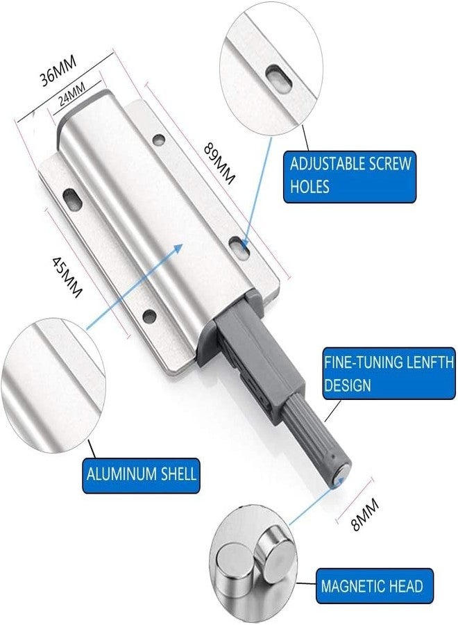 Met Craft 8 pc Magnetic Heavy Duty Push to Open Close Door Latches for Cabinets, Push to Release Pop Out Kitchen Hardware for Drawer, Closure, Cupboard, Wardrobe, Closet, Door (Silver-Grey) - Image 2